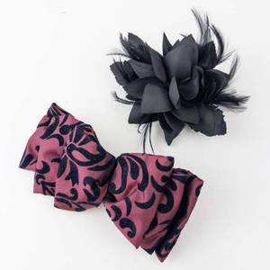 lot 324 image: Burgundy Satin Bow Hair Clip Set with Black Pattern & Black Feather Flower Clip (Two-Piece)