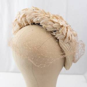 lot 325 image: Beige Straw Hat with Fabric Floral Accents & Veil - Womens Formal Headpiece for Weddings