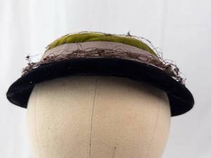 lot 336 image: Chanda by Harold Hat - Green Velvet Crown, Black Brim, Net Veil, Vintage Millinery