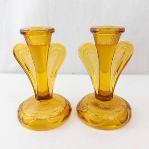 lot 344 image: Bagley Rutland Amber Glass Candlesticks - Pair