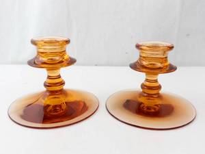 lot 345 image: Fostoria Amber Wheat Candle Holders Pair - Round Base