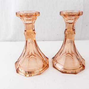 Fostoria Virginia Peach Candlestick Holders - Pink Glass Pair