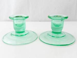 lot 347 image: Green Glass Candlestick Holders - Pair for Taper Candles