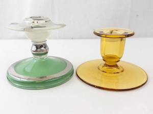 lot 349 image: Green Glass Lamp Base with Frosted Shade & Amber Glass Candlestick (2-Piece Set)
