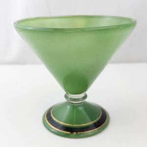 lot 350 image: Green Frosted Glass Goblet - Stemmed Glass with Gold Trim and Black Band Base