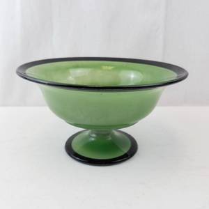 lot 350A image: Depression Era Reverse Painted Green Glass Compote Bowl - Pedestal Base with Black Rim
