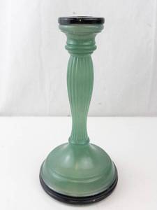 lot 351 image: Indian Glass Finely Ribbed Green & Black Frosted Glass Candlestick Holder - Ribbed Stem, Black Base