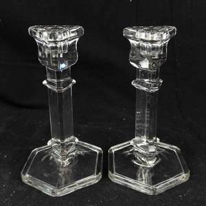 lot 353 image: Glass Candlesticks - Pair, Octagonal Bases, Faceted Stems