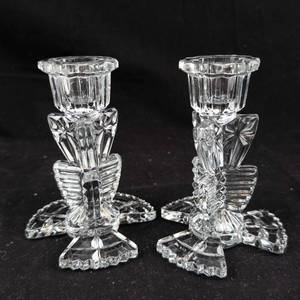 lot 357 image: Ribbed Starburst Crystal Candlesticks - Pair