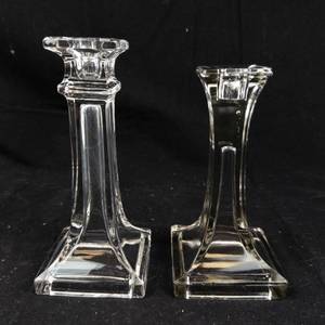lot 358 image: Box Style Glass Candlestick Holders - Square Base (Lot of 2)