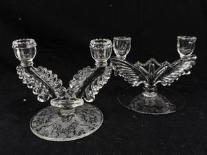 lot 366 image: Glass Candelabra Pair - Ornate Leaf-Arm Design, Floral Base