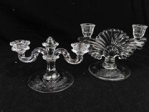 lot 367 image: Candelabra Pair - 3-Arm Centerpiece & Fan-Base Candlesticks
