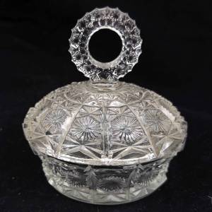 lot 369 image: Candy Dish with Lid - Pressed Glass, Starburst Pattern