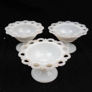 lot 371 image: Anchor Hocking Old Colony Lacy Edge Milk Glass Pedestal Compote Bowls - Set of 3