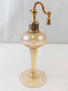 lot 377 image: Perfume Atomizer - Vintage Amber Glass with Brass Top on Pedestal Base