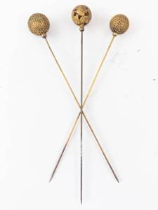 lot 394 image: Antique Gold-Tone Hat Pins - 3 Pc Set with Textured Ball Heads