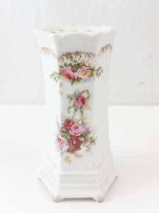 lot 407 image: RS Prussia Hatpin Holder - Antique Porcelain Hexagonal Vase with Floral Bouquet