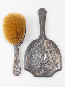 lot 412 image: Antique Silver Hand Mirror & Brush Vanity Set with Ornate Floral Motifs
