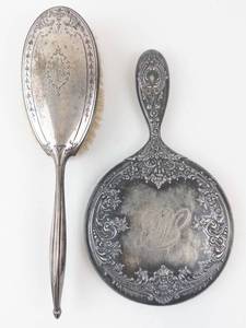 lot 413 image: Antique Silverplate Vanity Mirror & Hair Brush Set