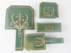 lot 414 image: Vanity Set - Vintage Green BakeliteCelluloid with Mirror & Brushes