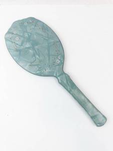 lot 415 image: Vintage Art Deco Blue Hand Mirror with Floral Pattern - Translucent Plastic Handle