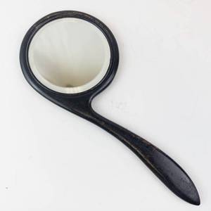 lot 416 image: Hand Mirror - Vintage Black Wooden Round Glass With Curved Handle