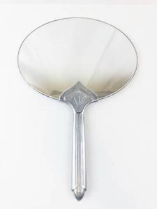 lot 423 image: Vintage Art Deco Silver Hand Mirror - Round Vanity Mirror With Shield Crest Handle