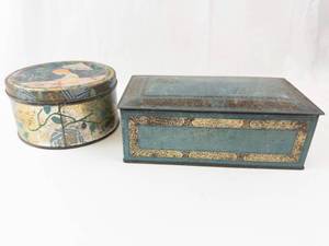lot 427 image: Decorative Tin Boxes (Lot of 2) - Round Painted Tin and Teal Blue Tin with Gold Filigree