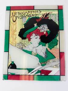 lot 430 image: Original Lithograph on Glass- LITHOGRAPHIES ORIGINALES Woman in Green Hat Glass (Art Nouveau)