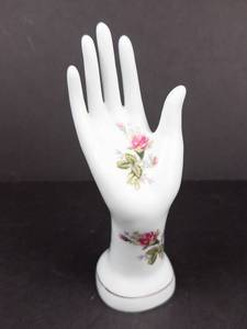 lot 433 image: White Porcelain Hand Figurine with Pink Rose Floral Transfer