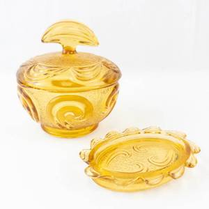 lot 434 image: Sugar Bowl with Lid - Amber Glass, Pressed Swirl Pattern