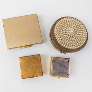 lot 450 image: Vintage Gold-Tone Vanity Set with Beaded Round Powder Compact, Photo Album & Mini Boxes