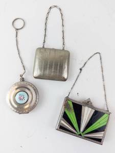 lot 451A image: Vintage Silver Vanity Set - Powder Compact on Chain, Cigarette Case & Enamel Clutch on Chain