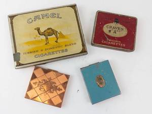 lot 452A image: Camel Vintage Cigarette Tin Set - Craven A Virginia Tin, Copper Diamond Box, Turquoise Tin