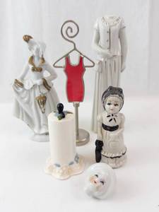 lot 456 image: Porcelain Figurines Set - White Dress Statues, Dress Form, Hat Pin Holder