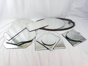 lot 462 image: Ornate Oval Wall Mirror with Carved Frame - Geometric Mirror Panels Salvage (13 Total)