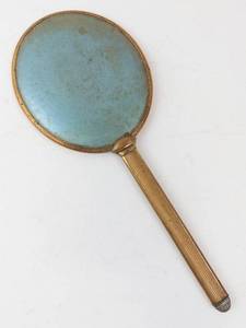 lot 465 image: Brass Round Hand Mirror - Blue Patina on Back, Vintage Vanity Accessory