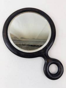 lot 467A image: Vintage Black Round Pocket Mirror with Loop Handle - Monogram Back
