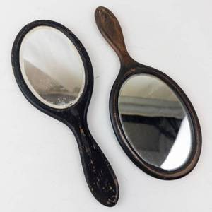 lot 470 image: Vintage Hand Mirror Set - Oval & Round, Black & Wood Handles (Lot of 2)