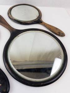 lot 471 image: Vintage Hand Mirror Set - Round Mirrors with Wood & Black Lacquer Handles