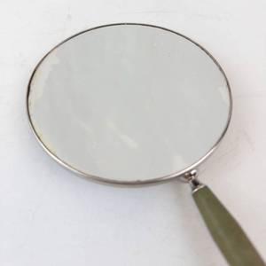 lot 473A image: Vintage Round Hand Mirror - Green Handle, Silver Rim