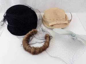 lot 474 image: Vintage Hat Trio - Black Velvet Cloche With Veil, Beige Straw Hat, Brown Fur Muff