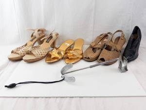 lot 475 image: VINTAGE Beige Woven Sandals, Gold Metallic Bow Sandals, Tan Perforated Sandals, Black Leather Ankle Boot