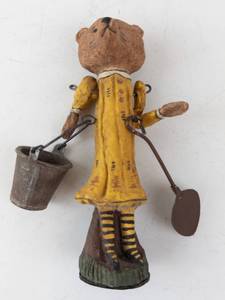 lot 487 image: Poliwoggs Bear Figurine - Vintage Primitive Art, Yellow Dress with Bucket & Shovel