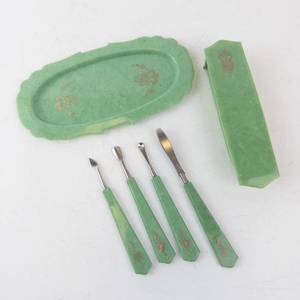 lot 491 image: Celluloid Vanity Tool Set - 4-Piece Green Handle with Case