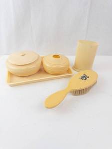 lot 498 image: Celluloid Vanity Set - Cream Yellow Powder Jars, Tray, Cup & Brush (Vintage)