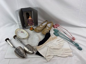 lot 341B image: Vintage Gold Mesh Slip-On Shoes, Gloves, White Floral Porcelain Dish & Fashion Doll Box