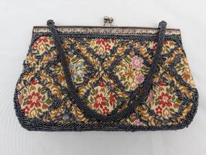 lot 1B image: Vintage Beaded Evening Bag - Floral Tapestry, Navy Beadwork, Metal Frame