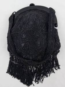 lot 1F image: Vintage Black Beaded Fringe Handbag with Floral-Lined Frame