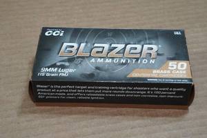 lot 148 image: 50 CCI Blazer Brass 9mm Luger 115 Gr FMJ Ammo